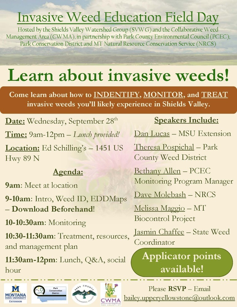 Shields Valley Invasive Weed Education Field Day Flyer as provided by Upper Yellowstone Watershed group